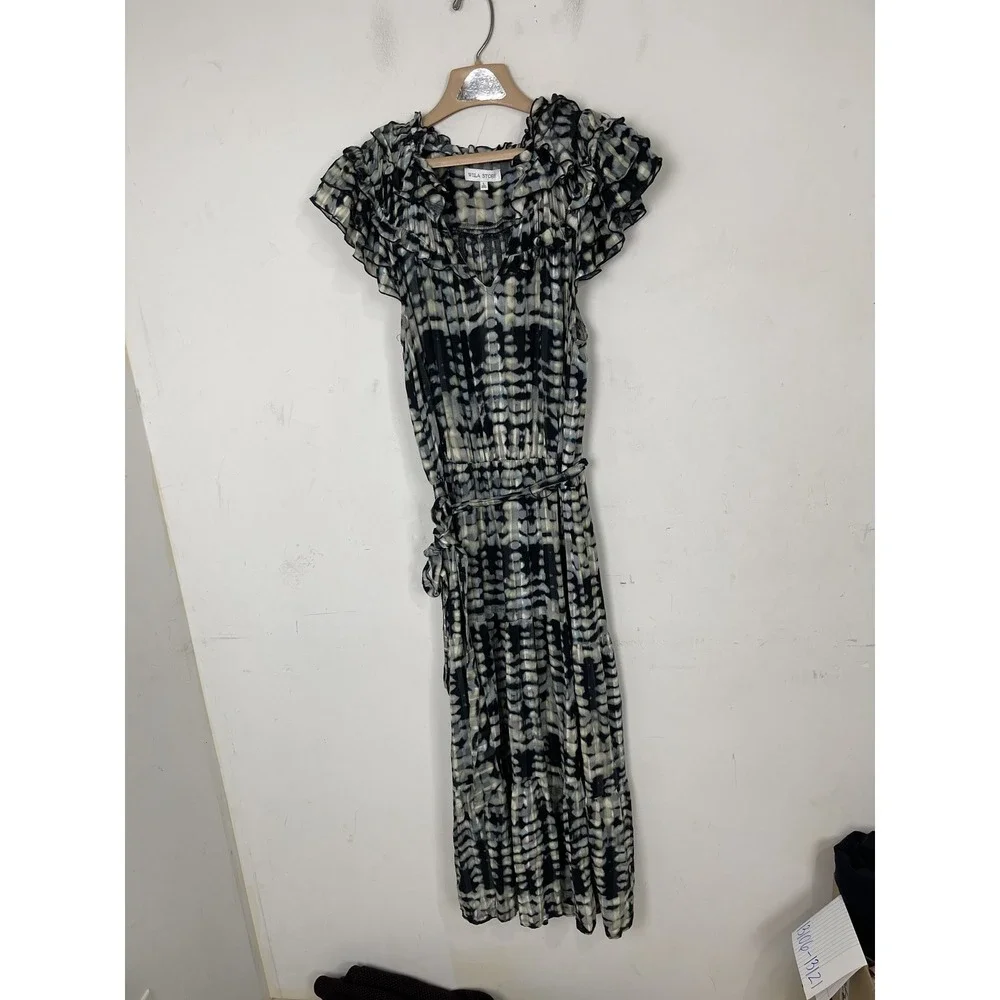 WILA STORY Womens Large L Maxi Dress Black Grey Blue Tie Dye Ruffle Sleeve Belte